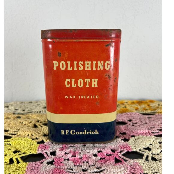 Vtg Decor- Polishing Cloth- Red Tin- with lid and cloth- some wear- BF Goodrich - Picture 1 of 6